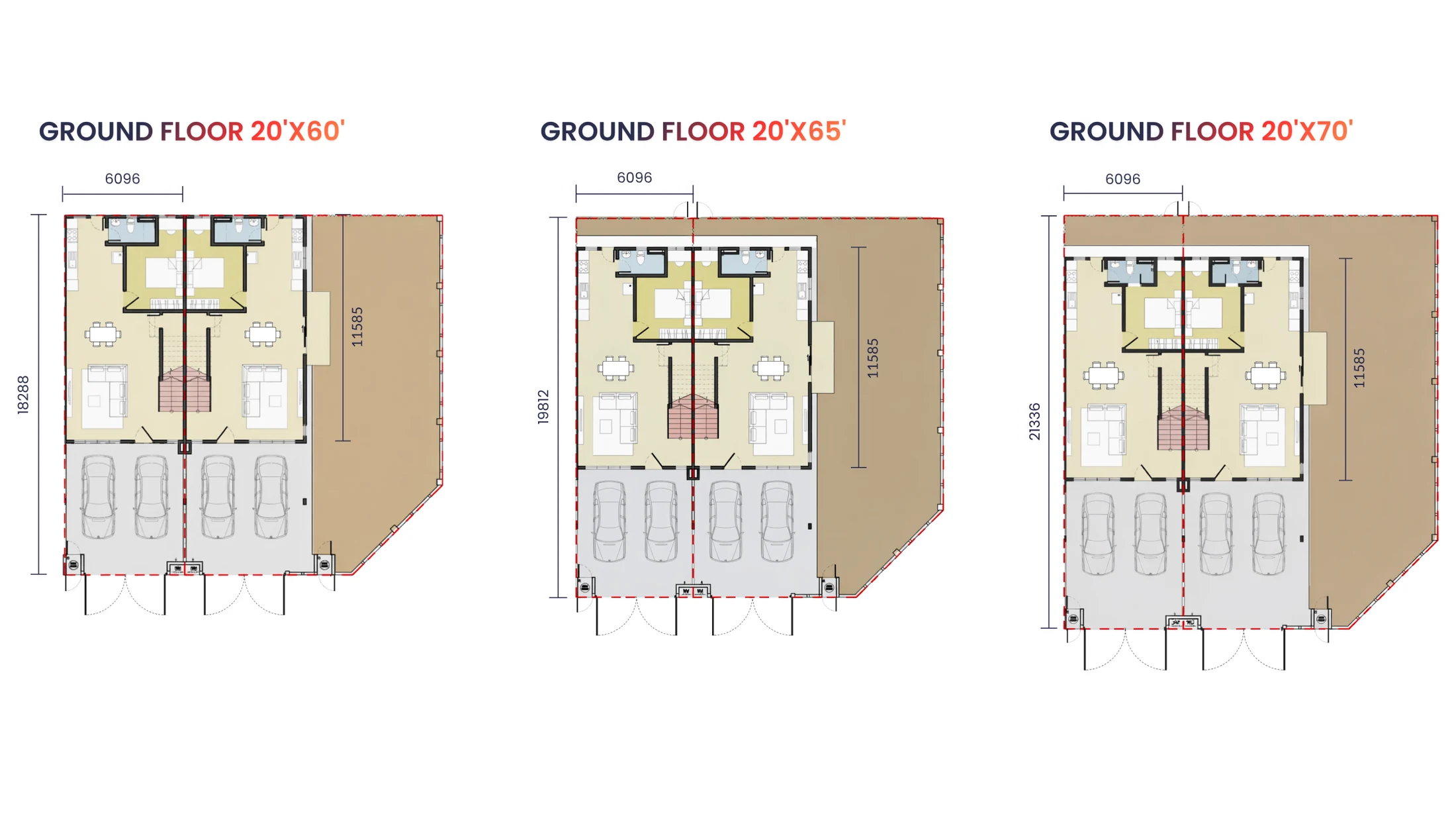 Ixora Garden floor plans — ground floor for 20 by 60, 20 by 65 and 20 by 70 layouts, plus the shared first floor