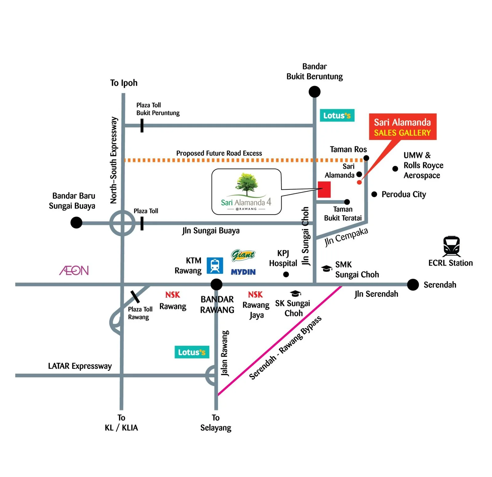 Location map showing Sari Alamanda 4 in Serendah, Rawang and the surrounding road network